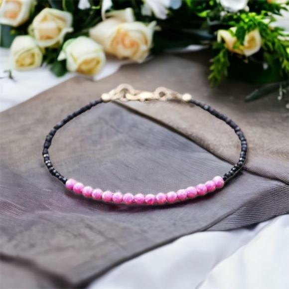 Handmade Natural Black Spinel and Pink Opal Bracelet 14k Gold Filled 7" - Picture 2 of 9